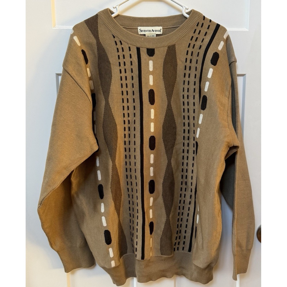 Vintage Seventh Avenue Men L Grandpa Sweater Cosby Geometric Tan Crewneck 90's